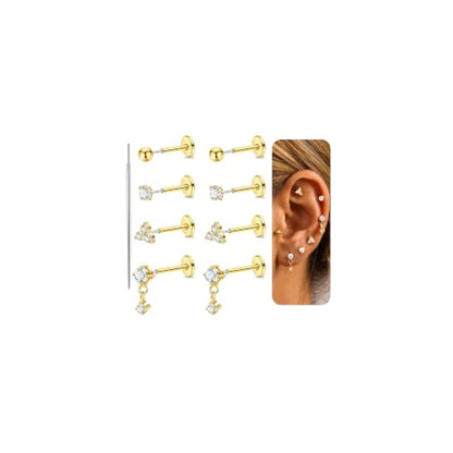 4Pairs 18G 20G G23 Titanium Threadless Flat Back Stud Earrings CZ Push in Nose Studs Hypoallergenic Tragus Cartilage Helix Conch Lip Labret Medusa Stud Piercing Jewelry - color: Gold, size: 20G