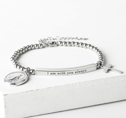 DS Inspirational Bracelet for Women Christian Engraved Bibler Verse Cross Butterfly Daisies Charm Bracelet, Exquisite Stainless Steel Jewelry Daughter Best Friend Bestie - style: I am with you always-Silver