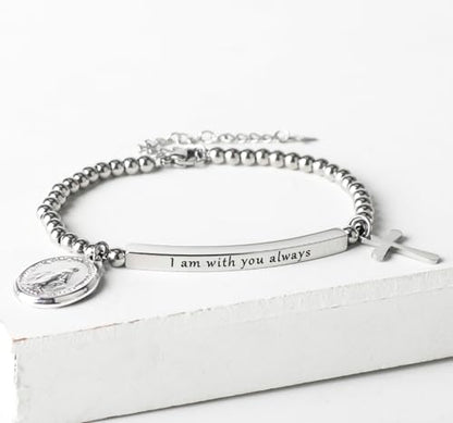 DS Inspirational Bracelet for Women Christian Engraved Bibler Verse Cross Butterfly Daisies Charm Bracelet, Exquisite Stainless Steel Jewelry Daughter Best Friend Bestie - style: I am with you always-Silver