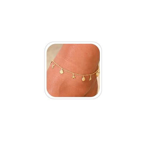 Ankle Bracelets for Women 14K Gold Sterling Silver Plated Anklets for Women Waterproof Dainty Anklets with Cubic Zirconia,Clover, Forever Love Knot, Chains Trendy Everyday Anklet Beach Summer Jewelry Gift - color: Shells-Gold