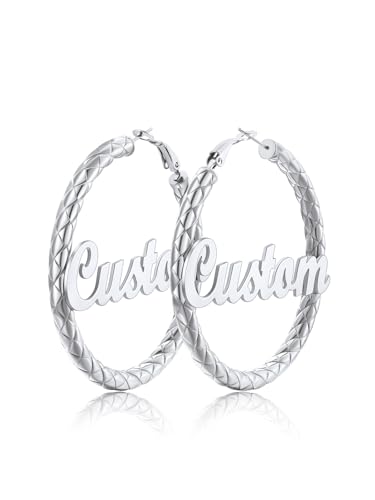FindChic Chunky Hoop Earrings for Women, Silver/Black/14K Gold Plated Crossover Patterned Hollow Tube Rounded Loop Earrings, 30mm/40mm/60mm/80mm Hoops with Custom Name Options and Gift Box - color: e.Silver (Custom Name), size: 60MM