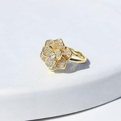 Crystal Rose Flower Spinner Fidget Open Statement Ring for Women CZ Floral Rotated Relief Anxiety Stacking Finger Rings Wedding Engagement Promise Bands Dainty Birthday Jewelry for Adjustable - color: Gold