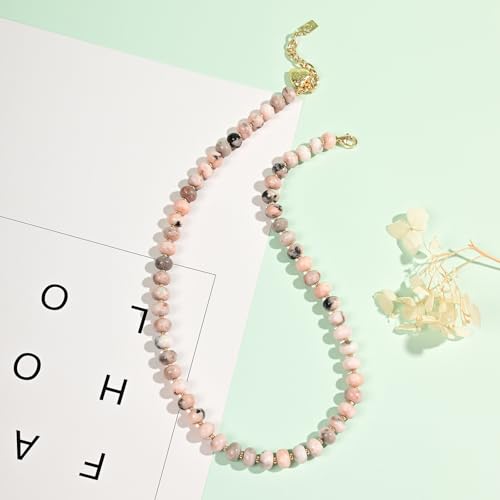 Boho Gemstone Beaded Necklace for Women – Colorful Natural Stone Choker 18K Solid Heart-Shaped Pendant, Summer Beach Jewelry - color: Pink Zebra Jasper