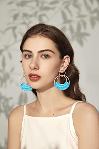 Raffia Hoop Earrings for Women Fun Boho Summer Beach Earrings Lightweight Handmade Straw Wicker Rattan Dangle Earrings Statement Geometric Round Drop Earrings - color: Light Blue - Round