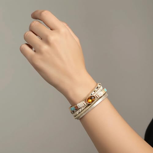 Edoneery Leather Wrap Bracelets for Women, Boho Layered Cuff Bangle | Multi-layer Leather Cuff, Daily wear, Stackable Bangle, Easy on-off, Western Jewelry Gifts for Women - color: Khaki-1