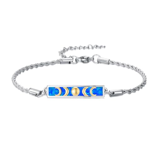 Waves/Tree of Life/Mushrooms/Moon Phase/Butterfly/Hummingbird Bracelet/Anklet 925 Sterling Silver Adjustable Abalone Shell Bar Bracelet/Anklet Summer Jewelry Gifts for Women - color: Moon Phase-Blue Opal, size: Bracele 7"+2"