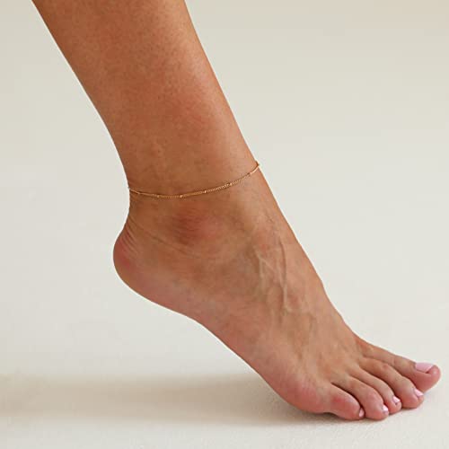 Dainty Ankle Bracelets for Women 18K Gold Plated Waterproof | Satellite Beaded Herringbone Lip Chain Anklets Simple Minimalist Summer Beach Foot Jewelry, Gift Box Included - color: Satellite-Gold