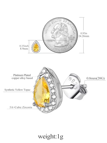 FindChic Birthstone Earrings for Women, Round/Heart/Square/Teardrop Earrings with 925 Sterling Silver Posts & Push Backs, Hypoallergenic Studs with Cubic Zirconia, 12 Months Jewelry with Gift Box - style: 11. November-Yellow Topaz (Teardrop)