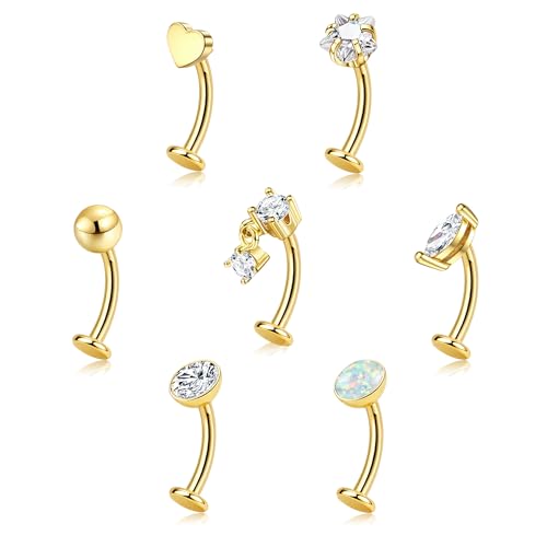 ORAZIO 7 Pcs Belly Button Ring Surgical Steel Hypoallergenic Floating Belly Button Rings for Women Flat Back CZ Opal Internally Threaded Long Bar Navel Piercing Jewelry 14G Gold Silver Tone - color: Gold Tone, size: 10mm
