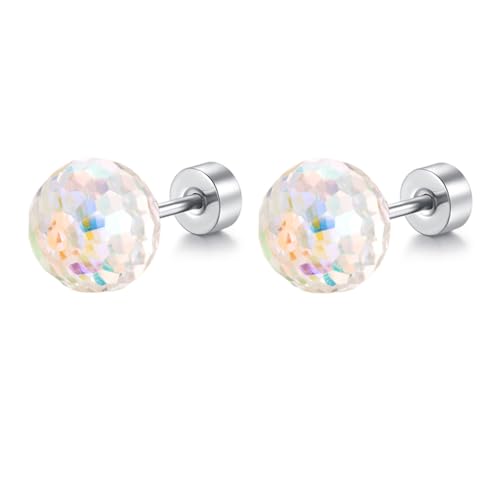 Dazzling Crystal Disco Ball Cartilage Stud Earrings for Women Mom Stainless Steel Austrian Colorful 6mm/8mm CZ Tragus Screw Flat Back Helix Tiny Studs Earring Fashion 60's 70's Jewelry Prom Party 20G - color: White,8mm