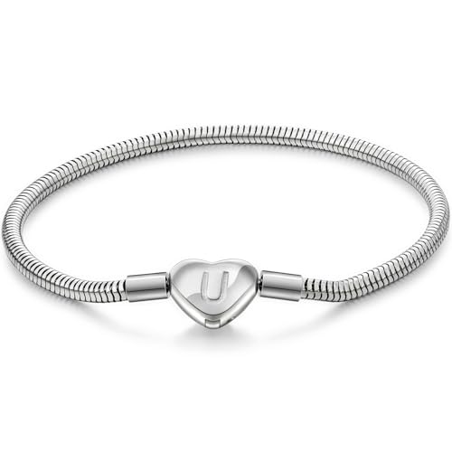 Initial Bracelet Heart Clasp Stainless Steel Snake Chain Alphabet Letter Charm Gift for Women Mom Girlfriend Wife - style: U