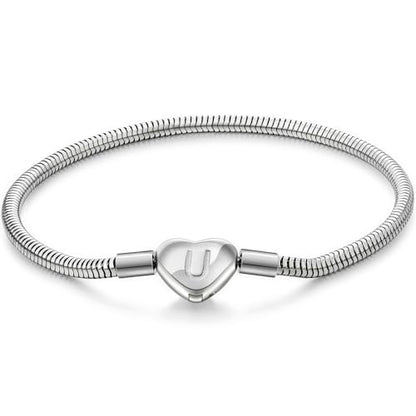 Initial Bracelet Heart Clasp Stainless Steel Snake Chain Alphabet Letter Charm Gift for Women Mom Girlfriend Wife - style: U