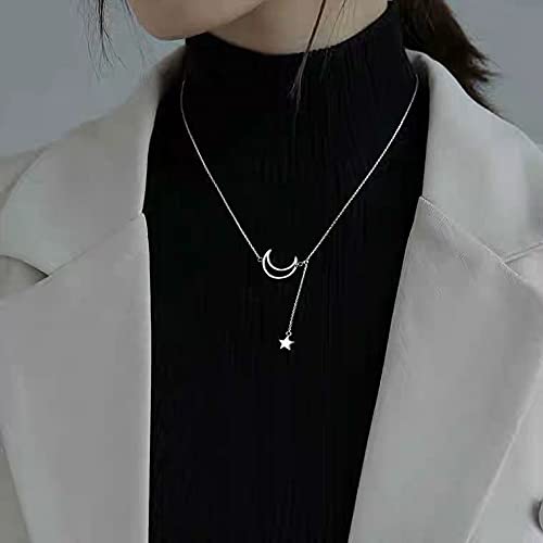 Moon and Star Necklace for Women Girls Silver Haif Moon Star Pendant Choker Necklaces for Women - color: silver