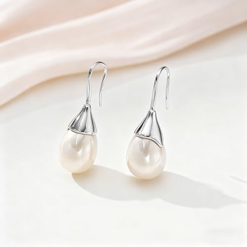 Unique Cream White Pearl Teardrop Drop Dangle Earrings for Women,Trendy Geometric Dangle Formal Hook Earrings for Wedding Prom - color: White Gold-Cream Pearl