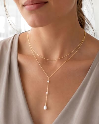 Gold Necklace Stack, Layered Gold Necklaces for Women Jewelry Set | 14K Gold Plated, Separate Chains, Pendant, Dainty, Non Tarnish, Delicate, Chain, Multi, Gift - color: 2 Layer-Pearl Lariat Gold