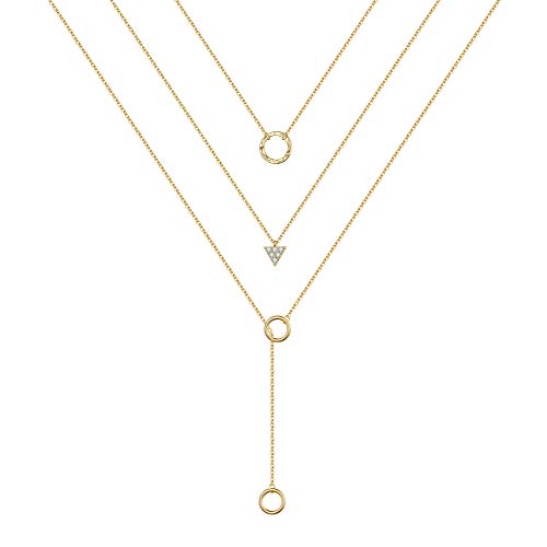 Turandoss Gold Layered Necklaces for Women - 14K Gold Plated Handmade Multilayer Bar Pearls Coin Disc Moon Butterfly Medallion Adjustable Dainty Layered Choker Necklaces for Women Jewelry - style: 3PCS - Circle&CZ Triangle&Circle Lariat