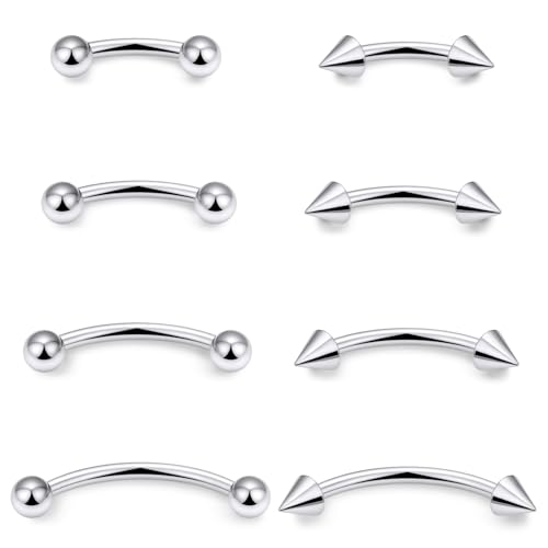 Eyebrow Piercing Jewelry Surgical Steel Vertical Labret Lip Jewelry Curved Barbell Tiny Eyebrow Ring Ear Rook Navel Small Belly Button Ring for Women Men 16g Bar Length 6mm/8mm/10mm/12mm - color: silvertone,ball+spike