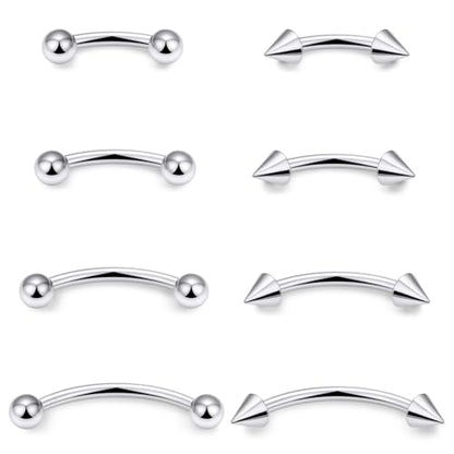 Eyebrow Piercing Jewelry Surgical Steel Vertical Labret Lip Jewelry Curved Barbell Tiny Eyebrow Ring Ear Rook Navel Small Belly Button Ring for Women Men 16g Bar Length 6mm/8mm/10mm/12mm - color: silvertone,ball+spike
