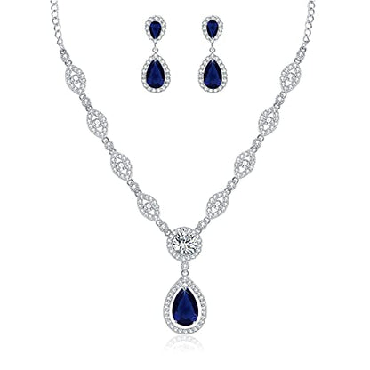 GULICX AAA Cubic Zirconia CZ Silver Plated Base Women's Party Jewelry Set Earrings Pendant Necklace - color: Blue CZ-White gold plated