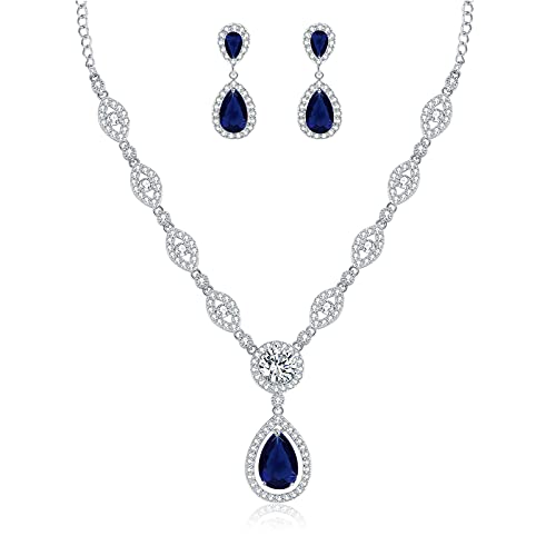 GULICX AAA Cubic Zirconia CZ Silver Plated Base Women's Party Jewelry Set Earrings Pendant Necklace - color: Blue CZ-White gold plated