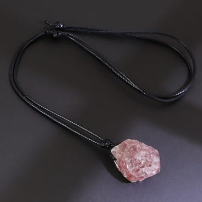 FANASY Natural Raw Crystal Necklace for Women Irregular Stone Necklaces Spiritual Gemstone Pendant with Adjustable Rope - color: Strawberry Quartz