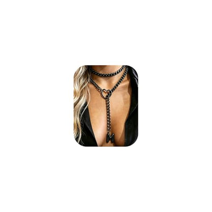 Black Heart Slip Chain Initial Necklaces for Women, Stainless Steel Wrap Choker Necklace, Gothic O-Ring Adjustable Lariat Y Necklaces, Punk Cuban Collar Choker Necklace, Halloween Jewelry Gift - color: Black M