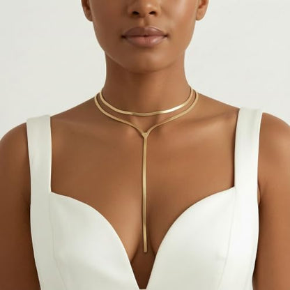 Chunky Gold Choker Necklace for Women, Double Layered Trendy Statement Y Necklace Long Snake Chain Drop Silver Necklaces Tassel Charm Prom Jewelry Accessories Gifts - color: 14K Gold