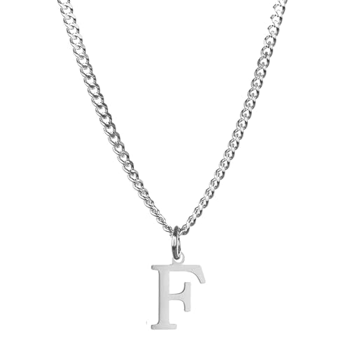 Men’s Minimal Initial Necklace, Stainless Steel Gold Silver Tone 26 Letters Pendant Necklace for Men Women 3.5mm Cuban Chain Waterproof - style: F