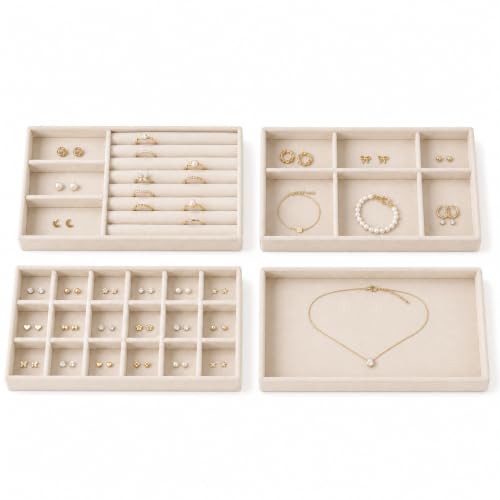 4 Pack Stackable Jewelry Organizer Tray Set - Velvet Display Case | for Rings Earrings Necklaces, for Drawer Organization, Can Stacked - color: Beige