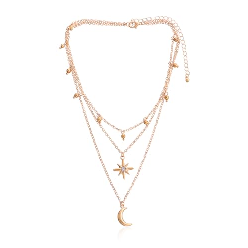 Sparkling Crystal Star Moon Layered Pendant Necklace For Women Dainty Minimalist Gold Silver Colors Adjustable Choker Style Bell Charm Beaded Chain - color: Gold