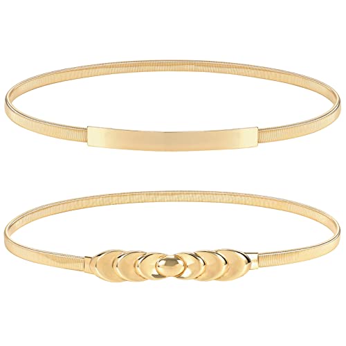 XZQTIVE 2 Pieces Women Skinny Metal Chain Waist Belt Stretchy Saree Cinch Belt for Dress Gold Sliver - color: 04 Smooth/Six-gold, size: Fit waist 34-37 in