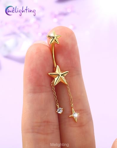 Melighting 14G Gold Belly Button Ring Dangle Chain, 10 mm Stainless Steel Belly Piercing Jewelry with CZ Heart Star Design, Cute Silver Navel Ring for Beach Daily Wear Women - color: Gold Star