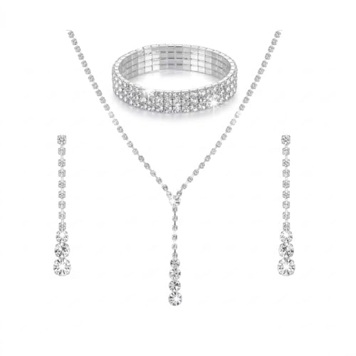 Wedding Jewelry Sets for Brides Rhinestone Necklace and Earring Set Bracelet Ring Gold Silver Prom Jewelry Sets Diamond Flower Teardrop Necklace for Women - color: Style2-Silver-3pcs