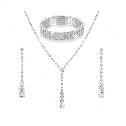 Wedding Jewelry Sets for Brides Rhinestone Necklace and Earring Set Bracelet Ring Gold Silver Prom Jewelry Sets Diamond Flower Teardrop Necklace for Women - color: Style2-Silver-3pcs
