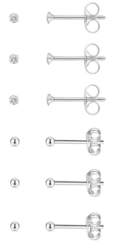 6Pairs 2mm/3mm Surgical Steel Hypoallergenic Piercing Studs, 20G 14K Real Gold Filled Tiny Stud Earrings Set for Multiple Hole Piercing (Cubic Zirconia, Pearl, Ball) - style: S : 3MM, Silver, Ball&CZ, 6 Pairs