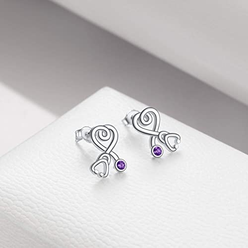 Stethoscope Earrings 925 Sterling Silver Heart Studs Earrings 12 Months Birthstone Crystals from Austria, Graduation Jewelry Gifts for Nurse Doctor RN Medical Student - color: Simulated Amethyst 1