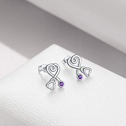 Stethoscope Earrings 925 Sterling Silver Heart Studs Earrings 12 Months Birthstone Crystals from Austria, Graduation Jewelry Gifts for Nurse Doctor RN Medical Student - color: Simulated Amethyst 1