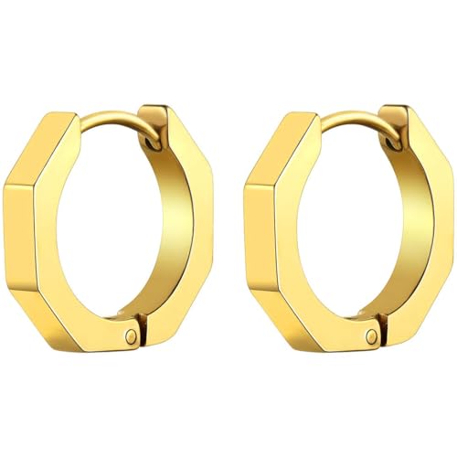 ChainsHouse Stud Earrings for Men Women,316L Stainless Steel/14K Gold/Black Plated Metal, Punk Hypoallergenic Surgical Huggie Hoop Earrings Mens Jewelry Piercing Hoop Earrings - style: E: Gold-Octagon(1 Pair)
