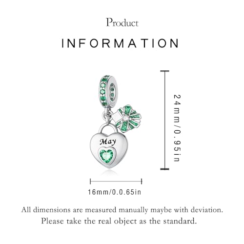 LNQOBU 925 Sterling Silve Heart-shaped Birthstone Charm for Bracelets, With 5A Cubic Zirconia Birthday Charms Dangle Pendant Bead for Pandora Bracelets - color: E-May