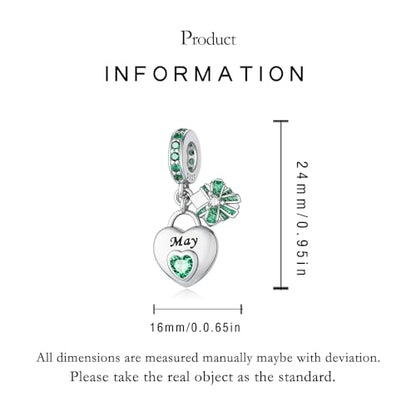 LNQOBU 925 Sterling Silve Heart-shaped Birthstone Charm for Bracelets, With 5A Cubic Zirconia Birthday Charms Dangle Pendant Bead for Pandora Bracelets - color: E-May