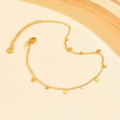 18K Gold Plated Ankle Bracelets for Women Stainless Steel Anklet with Star Cross Disc Coin Teardrop Charms Waterproof Thin Chain Ankle Jewelry Gift for Her - style: Coin-Gold