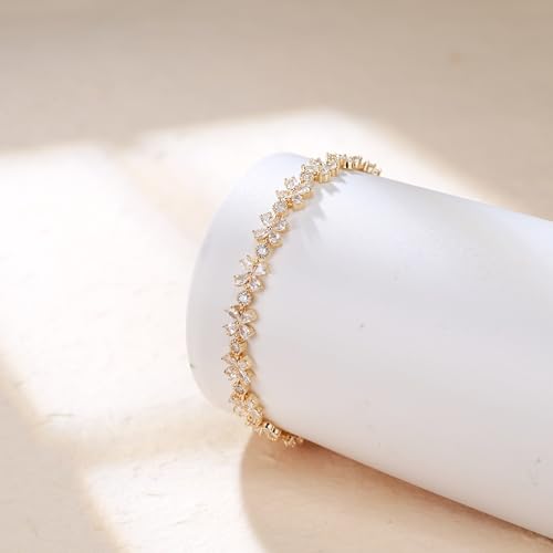 Crysdue Marquise Teardrop Cubic Zirconia Wedding Bridal & Prom Tennis Bracelets for Brides Bridesmaids, Silver/Gold/Rose Gold Plated Bracelet Gifts for Women - style: D_Gold 7.3"