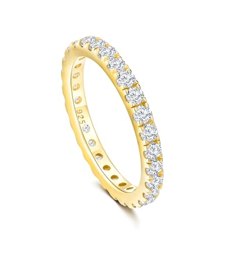 Full Eternity Band 2.4mm Wide Sterling Silver or Gold Color Stackable Birthstone and CZ Anniversary Bands Wedding Ring for Men Women, Comfort fit and Hypoallergenic - color: cz gold
