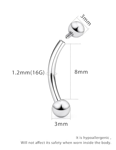 16g/18g/20g Titanium Internally Threaded Eyebrow Piercing Jewelry Vertical Labret Lip Jewelry Curved Barbell Tiny Eyebrow Ring Rook Earring Small Belly Button Ring for Women Men - color: ball,16g,bar:8mm