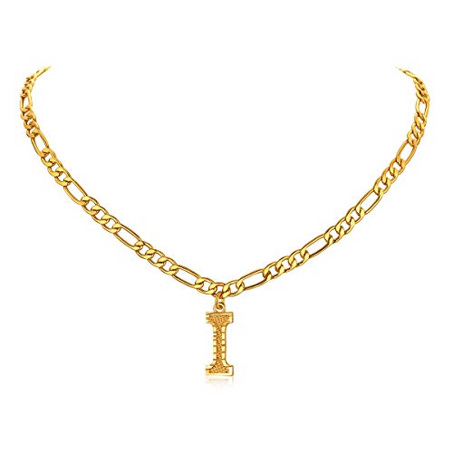 14K Gold Plated Initial Necklaces for Women Men A-Z Letter Necklaces | Figaro Chain, 16"+2" Adjustable Length, with Gift Box - style: I