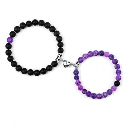 Set Of 2 Couples Bracelet Magnetic Healing Natural Bead Stone Stretch Bracelet Unisex Anniversary, Friendship, Valentine, Christmas Gift - color: Lava+Purple Weathered, style: Without Giftbox