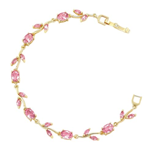 Dainty Crystal Flower Leaf Bracelet for Women Gold-Tone/Silver Plated Sparkling Oval Cz Cubic Zirconia Floral Tennis Bracelets Sweet Fine Bridal Wedding Party Prom Fashion Jewelry 7.28inch - color: Gold-Tone