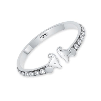 LeCalla 925 Sterling Silver Antique Beaded Toe Rings for Women | Lucky Two Elephant Toe-Ring | Minimalist Hypoallergenic Adjustable Wide Band Ring Summer Beach Bare Foot Jewelry