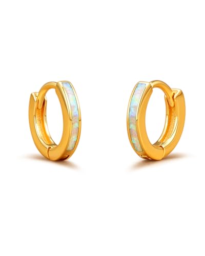 Dainty Opal Huggie Earrings, 14K Gold Plated Cartilage Earrings Jewelry Gift for Women Teen Girls with Quote Card and Velvet Gift Pouch - style: Huggie Earring - White Opal