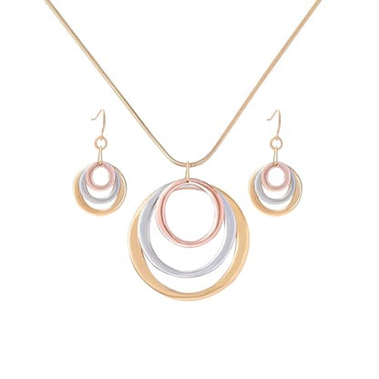 3 Circles Silver Hoop Earrings Necklace Set for Women Geometric Jewelry Set | 925 Silver Hypoallergenic Small Hoop Circle Geometry Textured Finish Minimalist Style Comfortable Wear - style: Tri-tone Hoop
